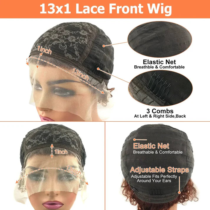 Pixie Curly Water Wave 13x1 Transparent Front Lace Glueless Short Wig With Bangs