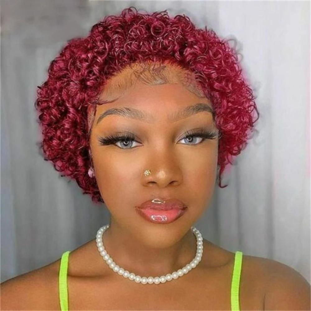 Pixie Curly Water Wave 13x1 Transparent Front Lace Glueless Short Wig With Bangs